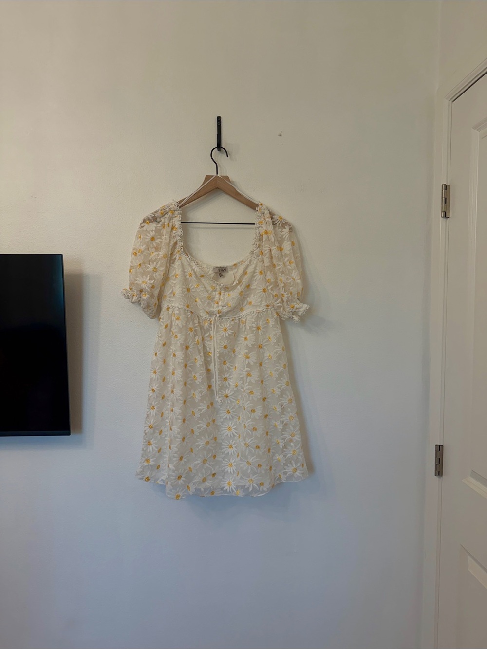 Inspired Hearts White Mini Dress with Yellow Daisy Embroidery
